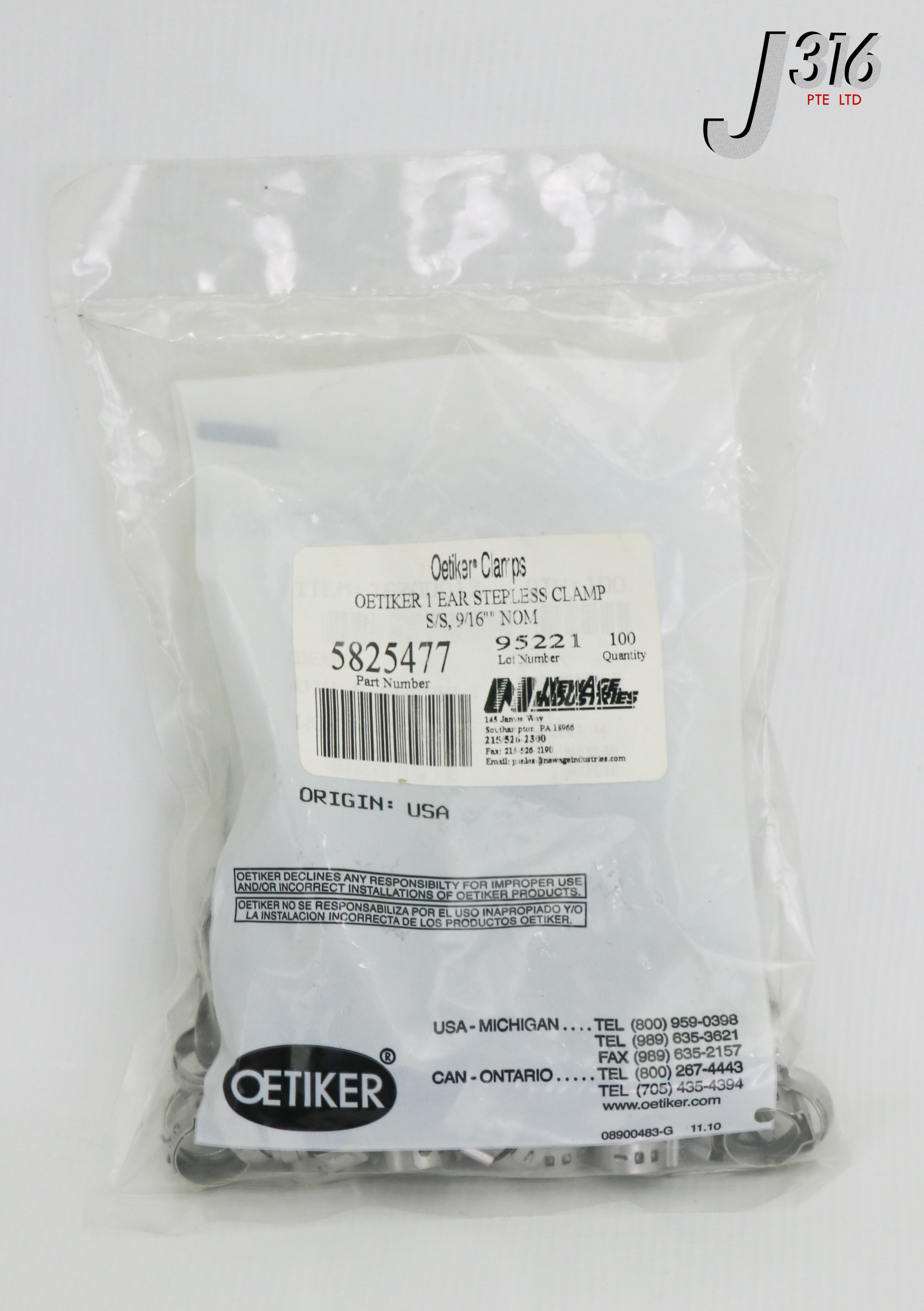 21682 OETIKER 1 EAR STEPLESS CLAMP S/S, 9/16'' NOM (LOT OF 100